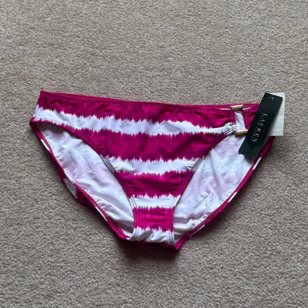 Lauren Ralph Lauren Bikini Bottoms NWT Pink White Striped Summer Size 16‎